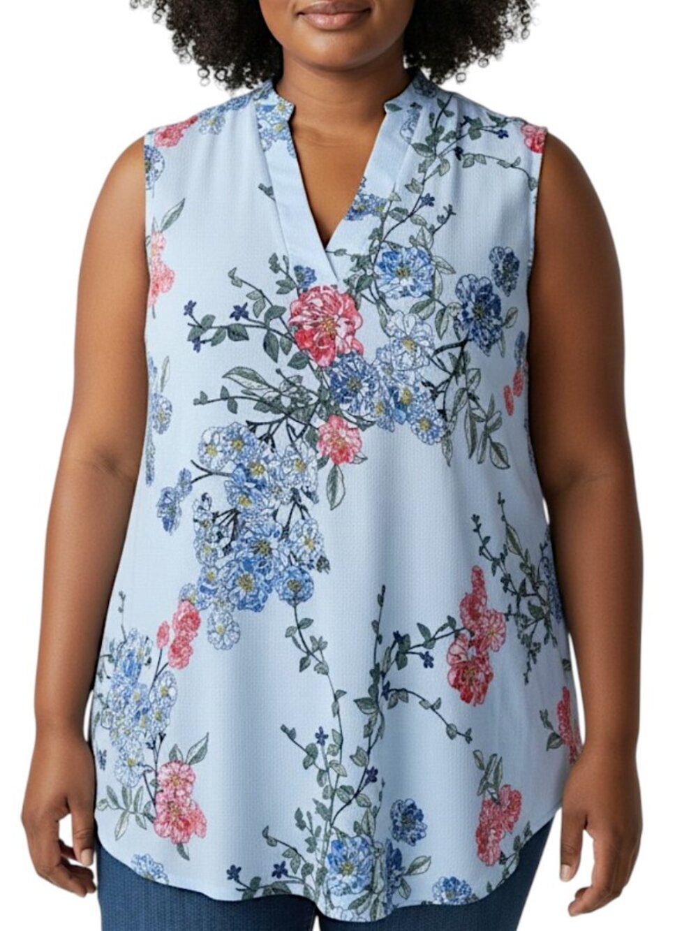 Betsy Red Couture Blue Floral Textured Sleeveless Blouse Women's Size 1X